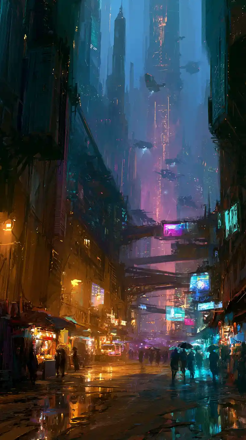 Futuristic neon city canyon with towering skyscrapers
