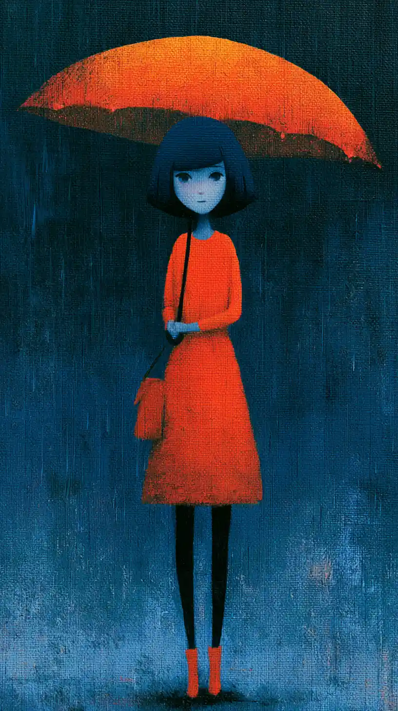 Moody rainy Sunday scene with surreal minimalist illustration