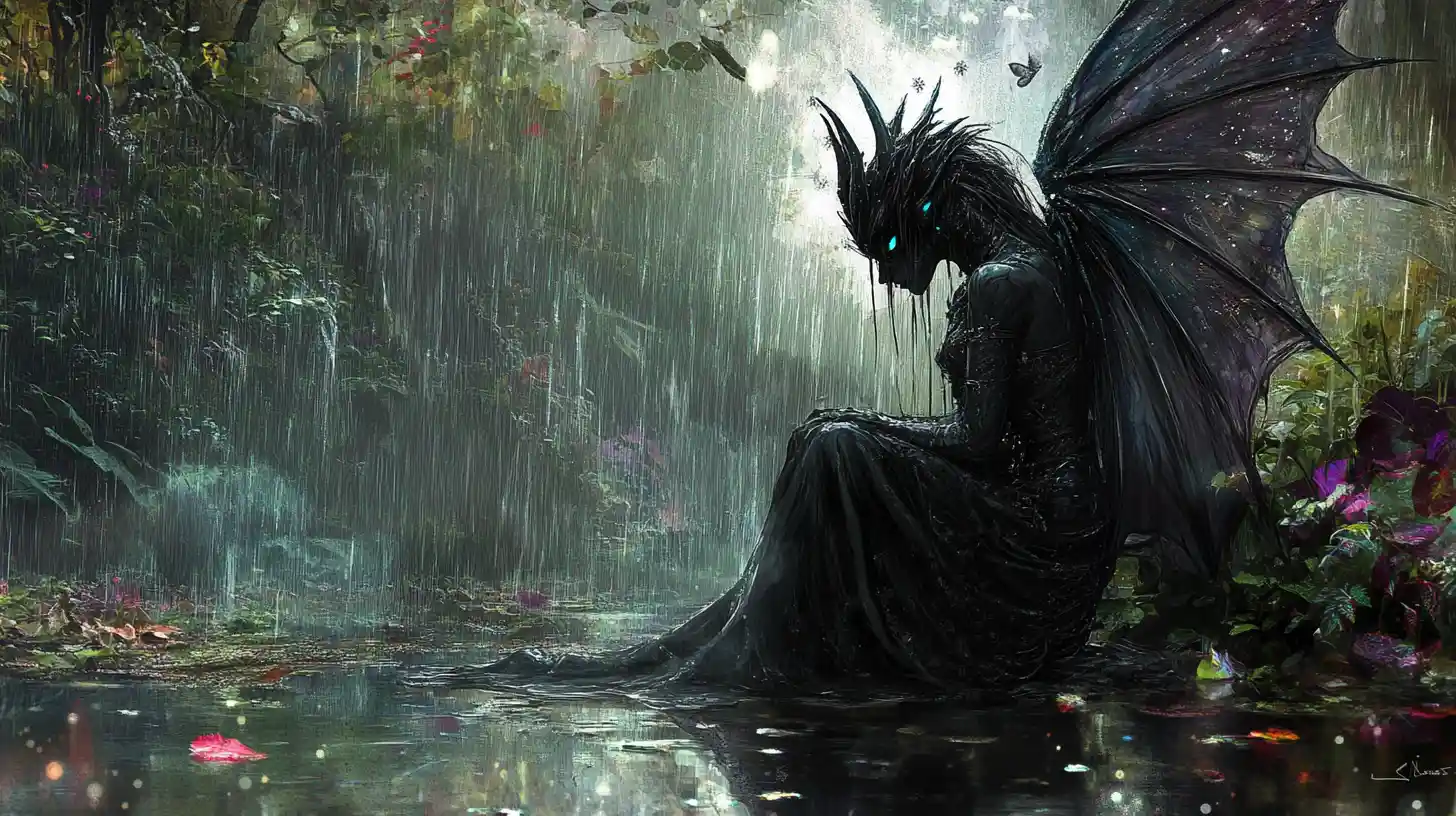 Dark faerie sitting by a rainy forest puddle