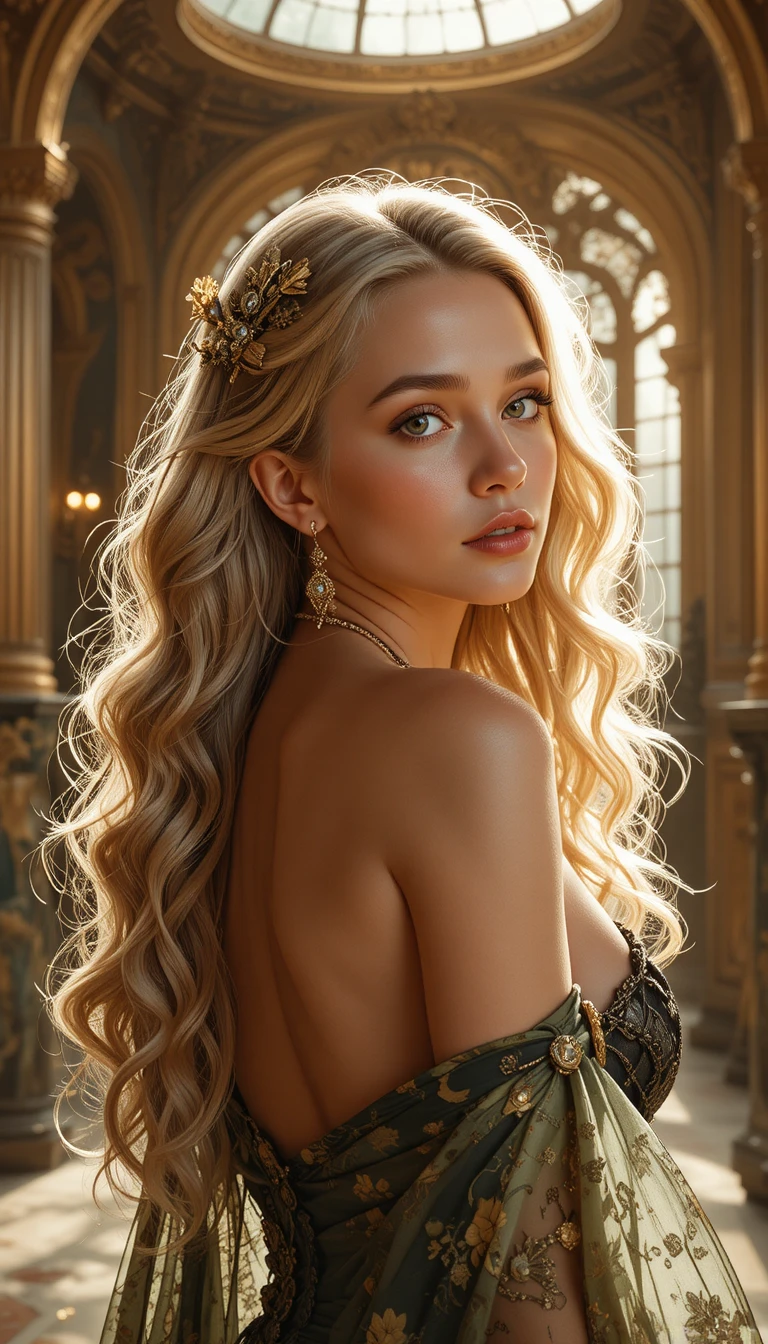 Femme blonde sensuelle en portrait intérieur de luxe à l’heure dorée