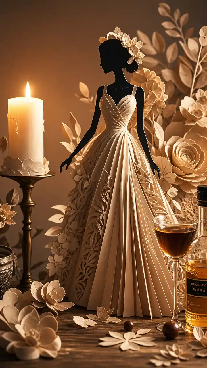 Paper silhouette woman with flowers in warm candle glow