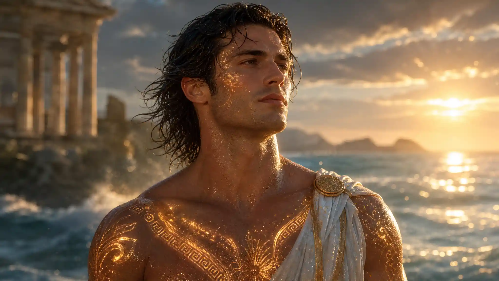Serene man awakening with divine glow by the sea