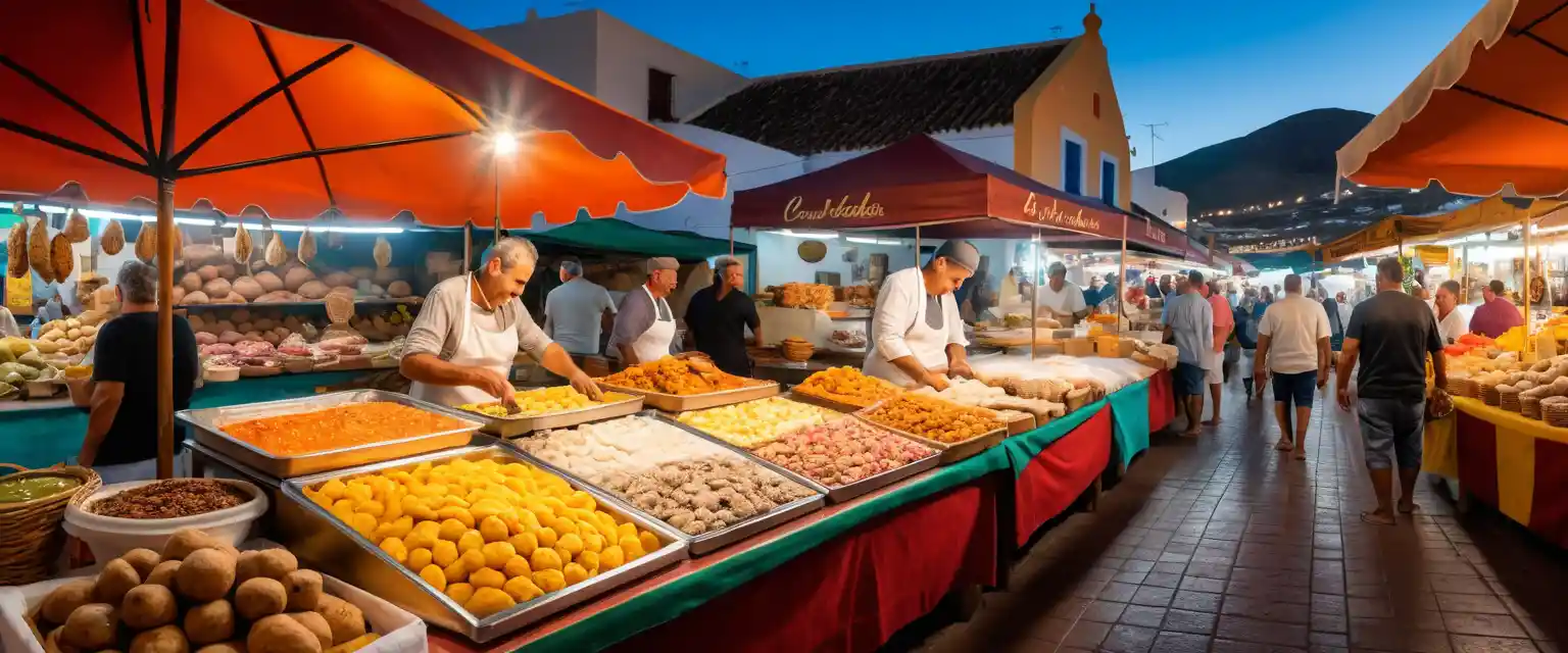 Traditional Canarian food market with colorful local produce stalls