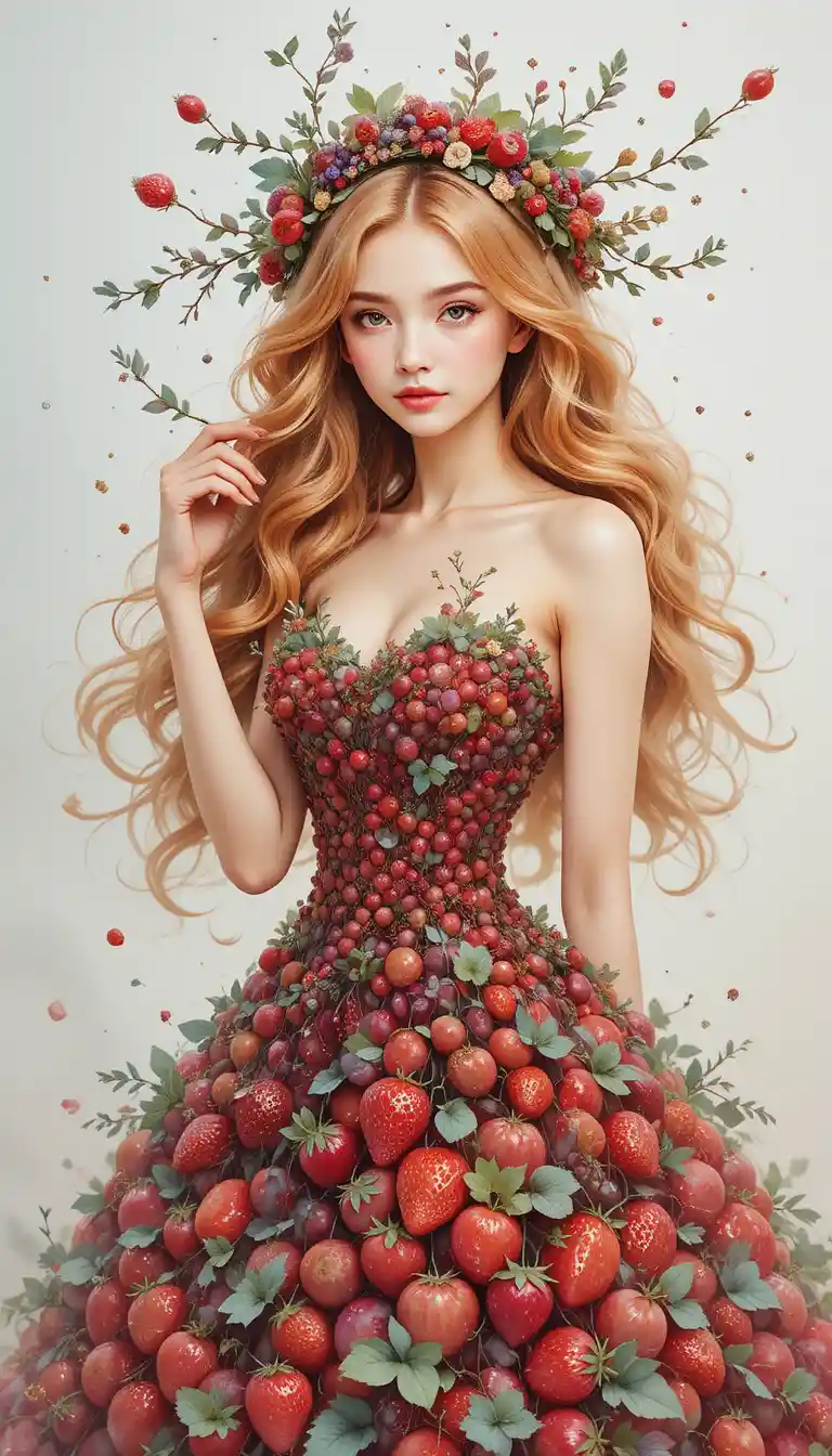 Watercolor girl in a strawberry dress with berry crown