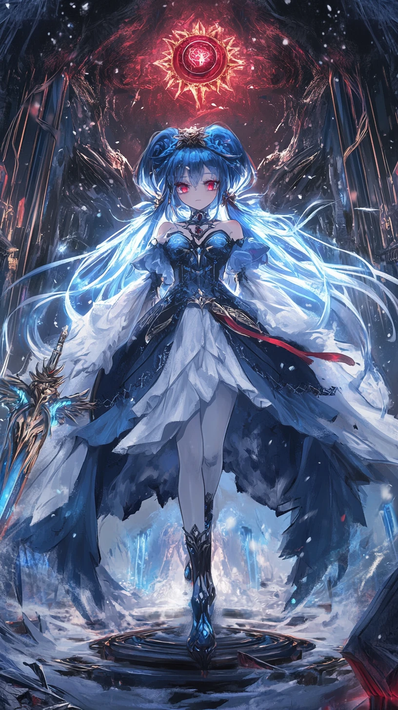 Blue haired fantasy girl wielding a dark ice sword