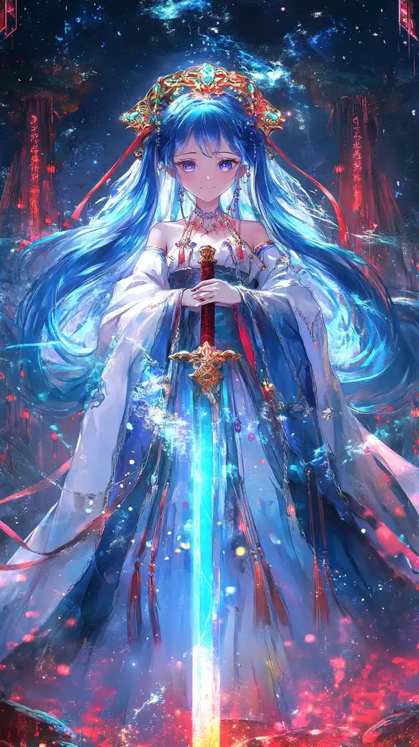 Blue haired anime girl wielding an icy sword