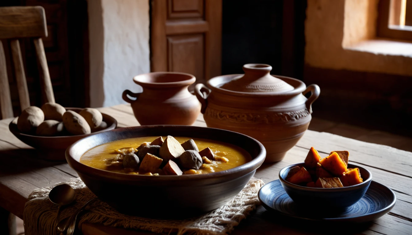 Traditional Canarian sancocho served on a rustic wooden table