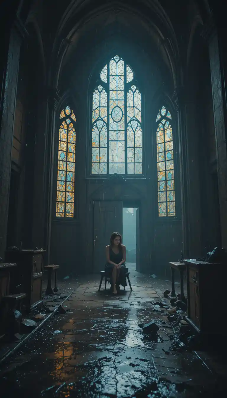 Woman alone in an abandoned church during a stormy night
