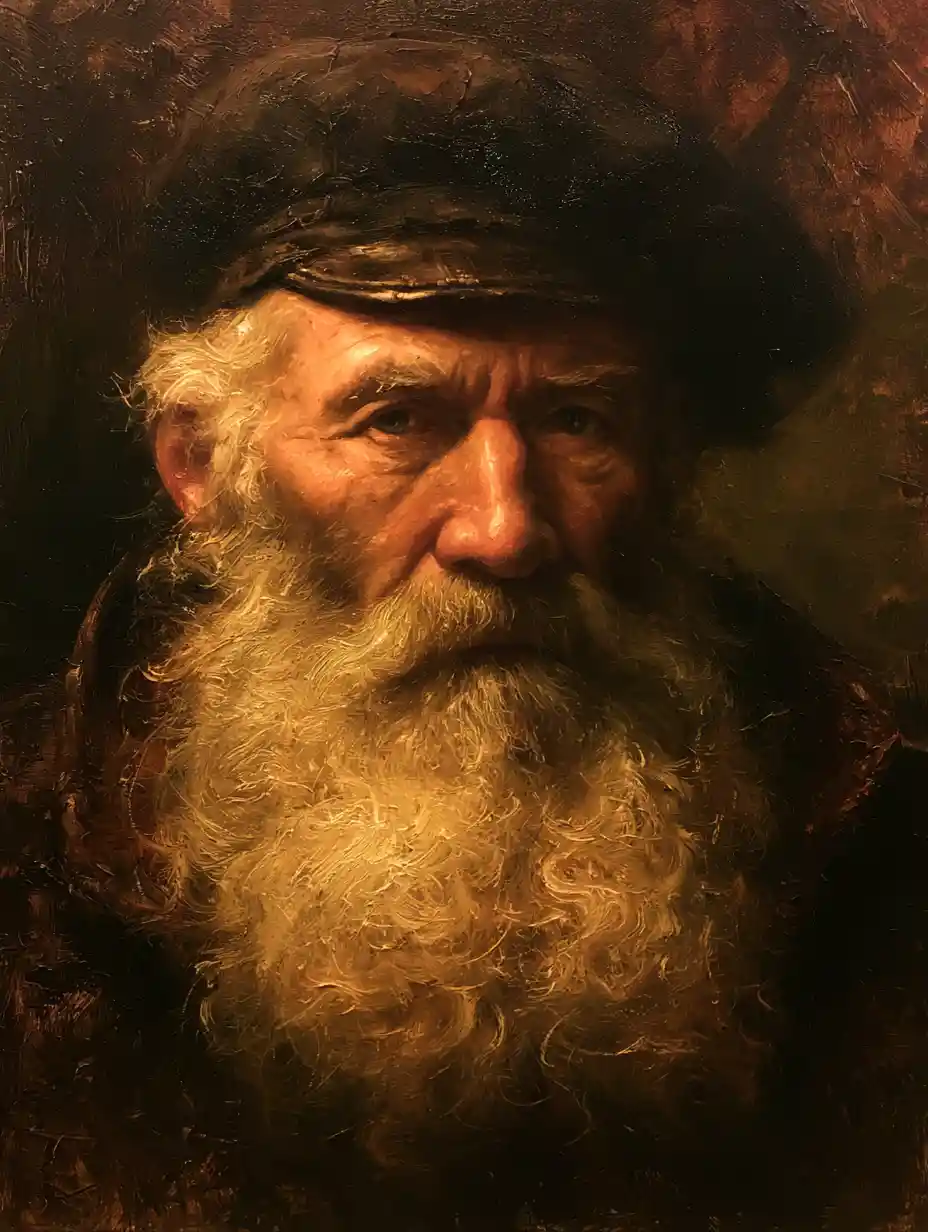 Somber portrait of an old sailor in baroque painting style