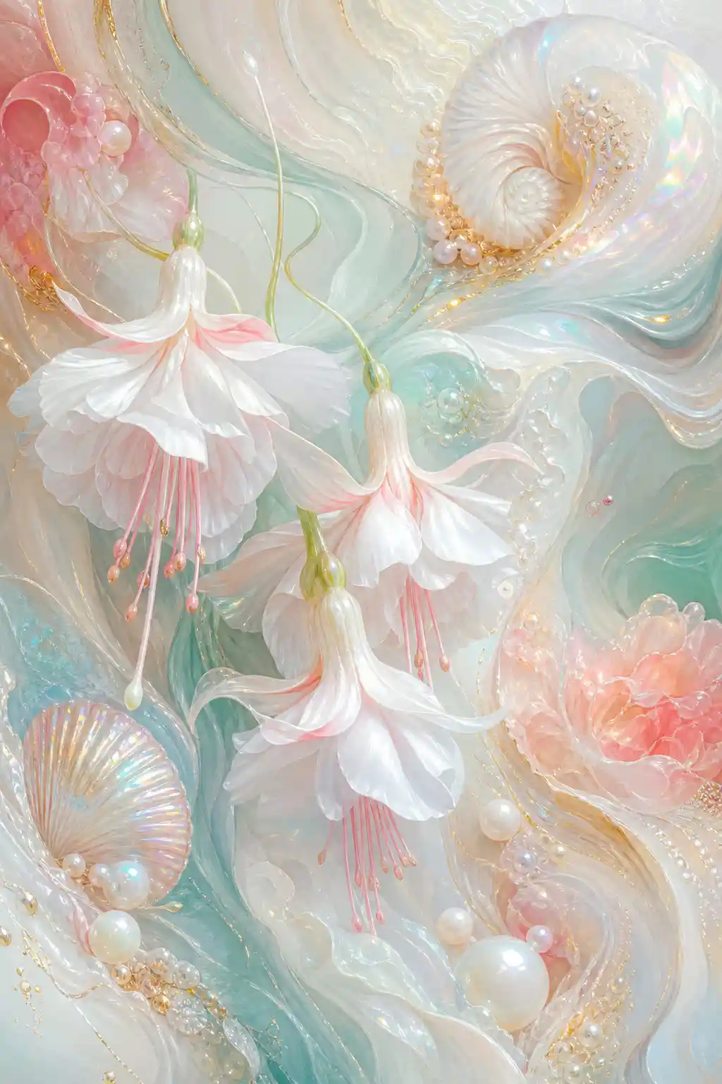 Abstract white fuchsia flowers with glowing flowing forms