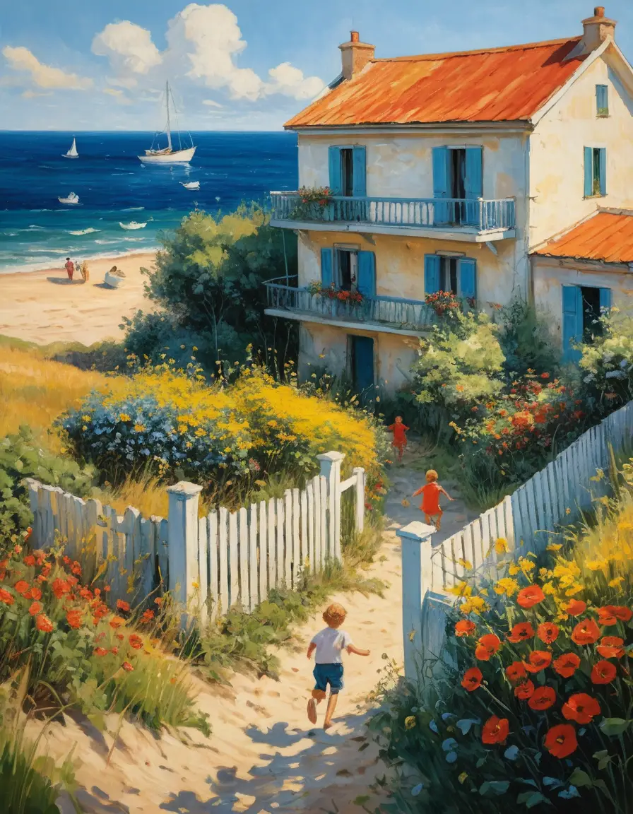 Children Run Toward The Sea On A Windy Summer Beach