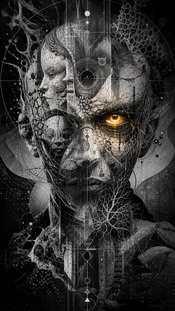 Surreal layered faces with a single glowing eye