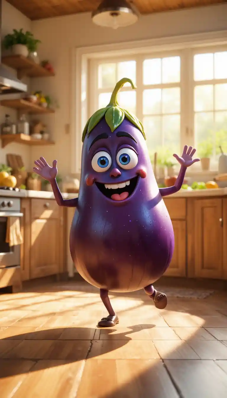 Cartoon Eggplant Dancing Happily In A Sunny Kitchen