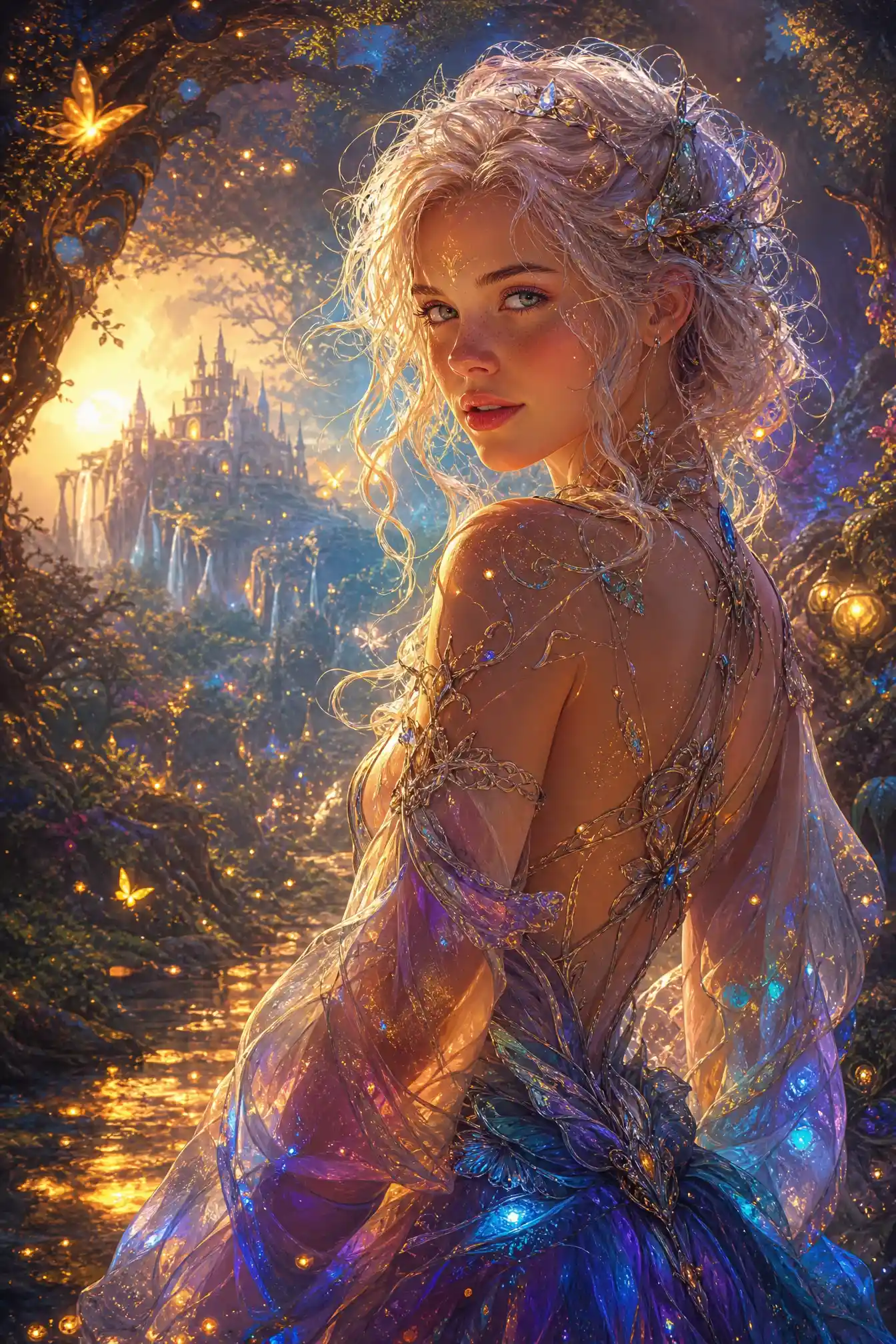 Ethereal enchantress entering a vibrant fantastical realm