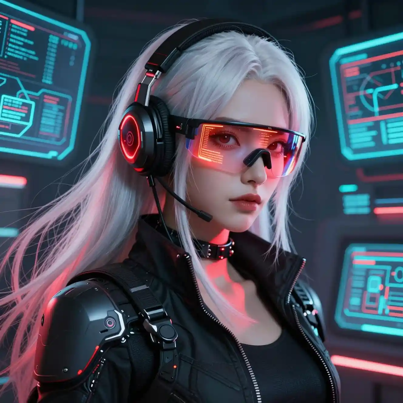 Futuristic cyberpunk woman in neon lit command center