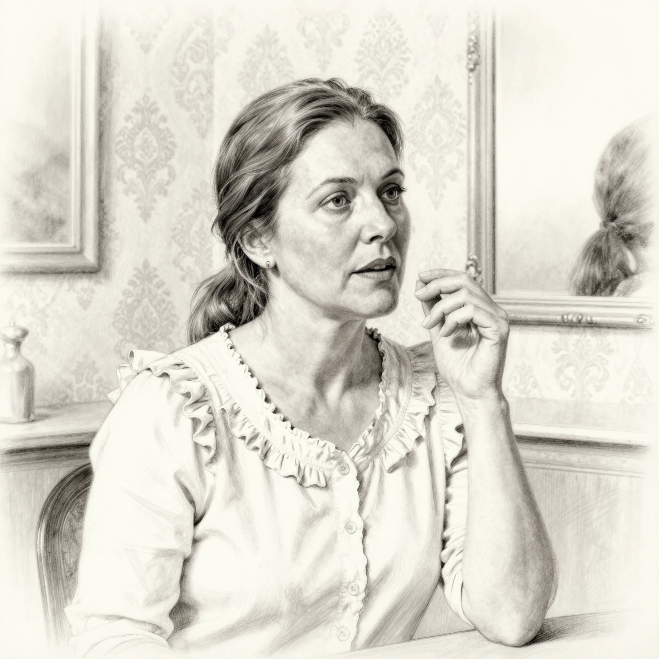 Middle aged woman chatting in a cozy beige interior