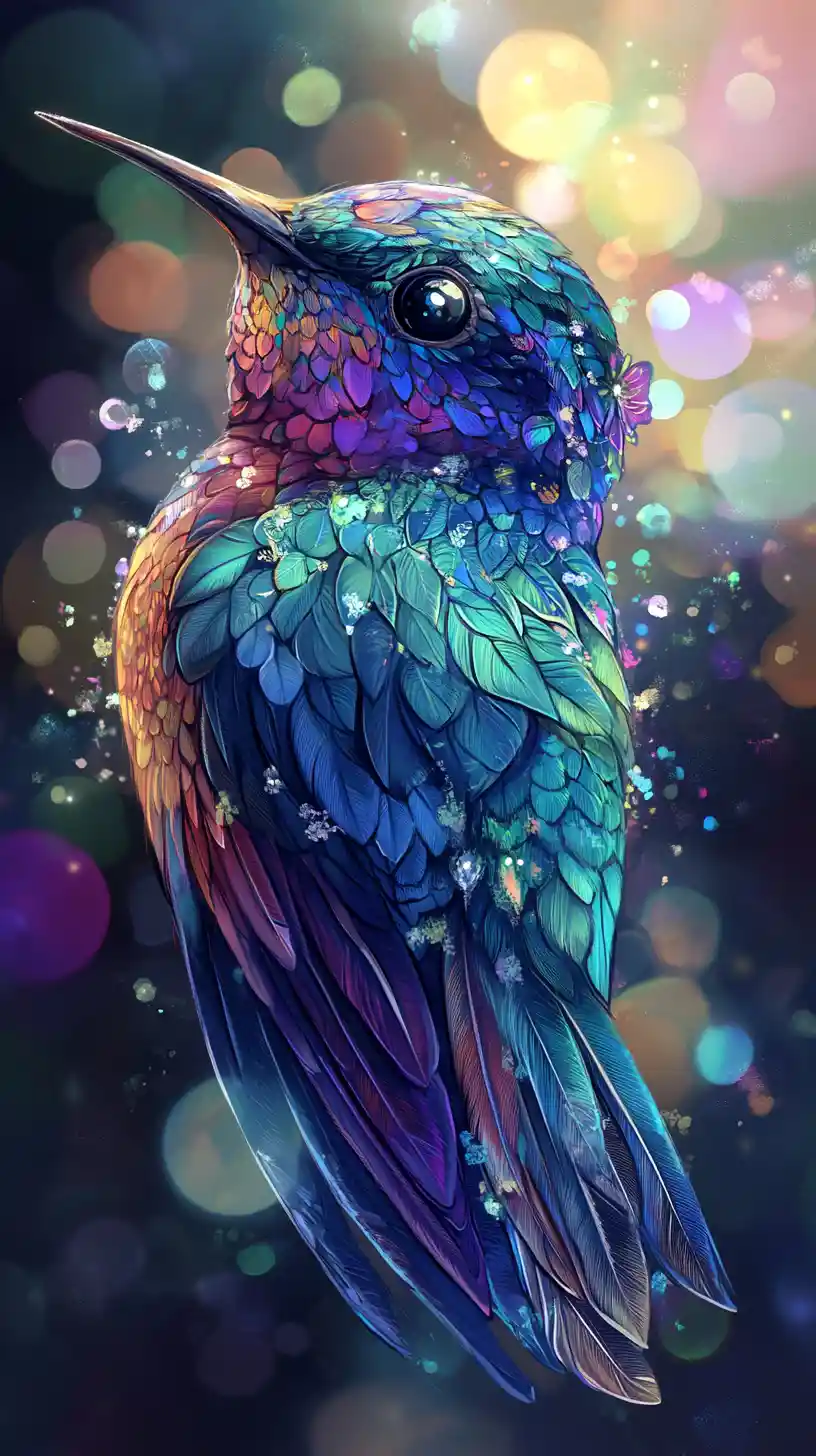 Whimsical fantasy hummingbird with jewel toned feathers
