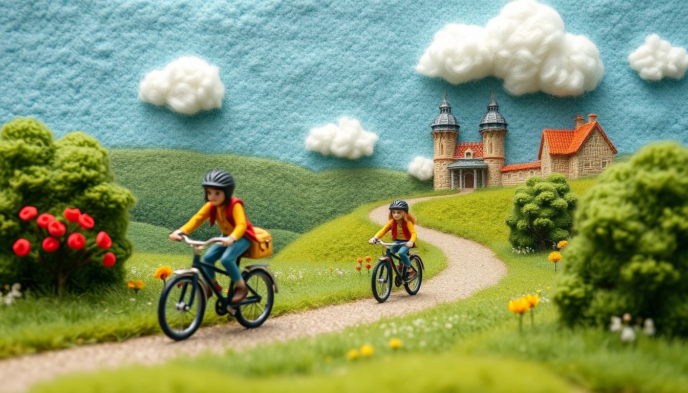 Cheerful 3D cyclists touring through a plush countryside