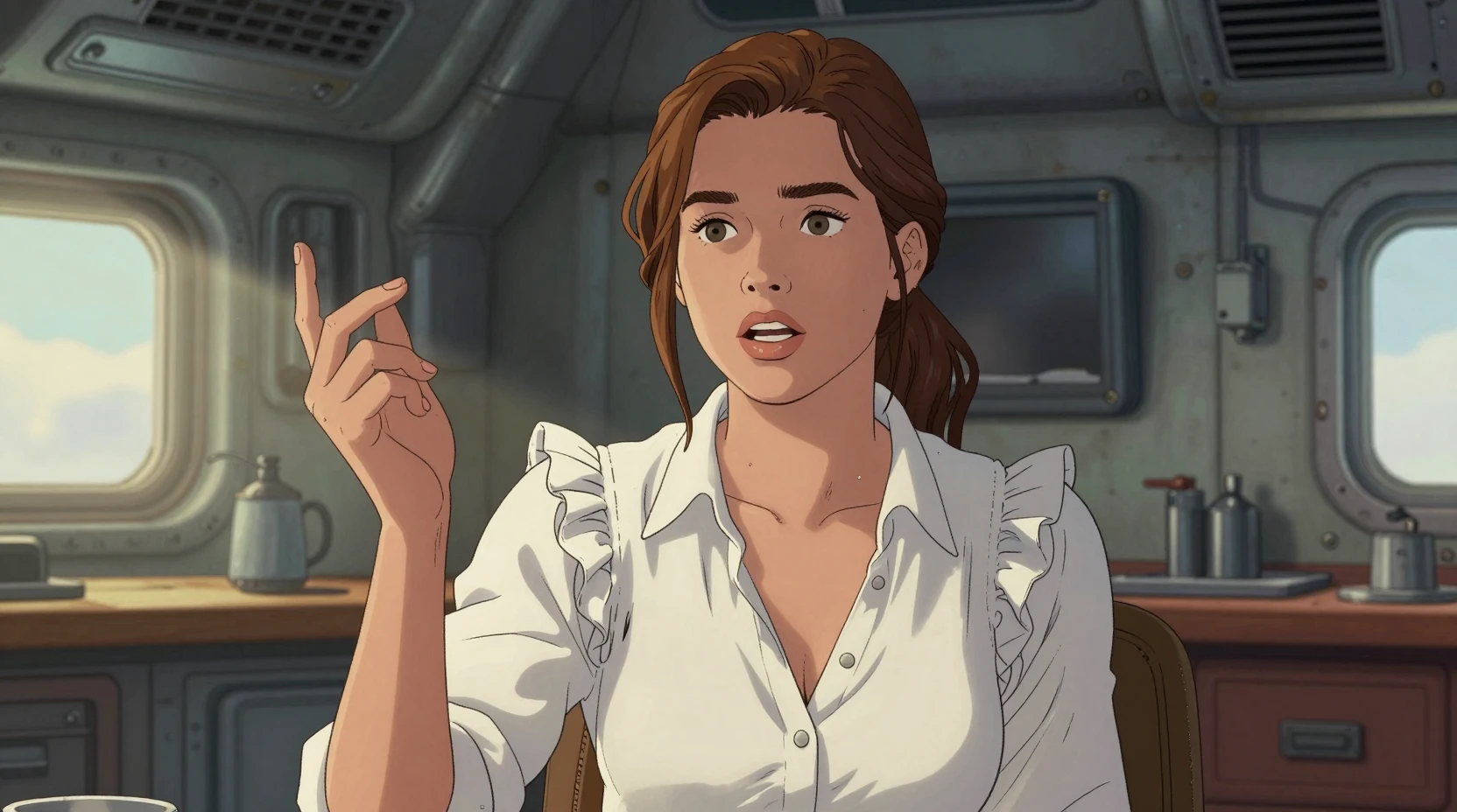 Young woman talking in a cozy starship cabin