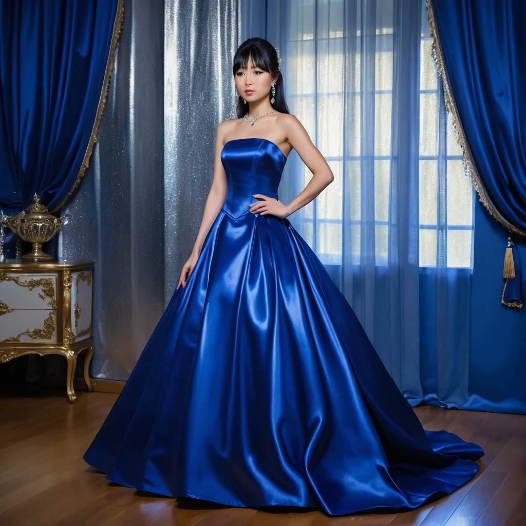 Elegant Japanese woman in royal blue satin ball gown