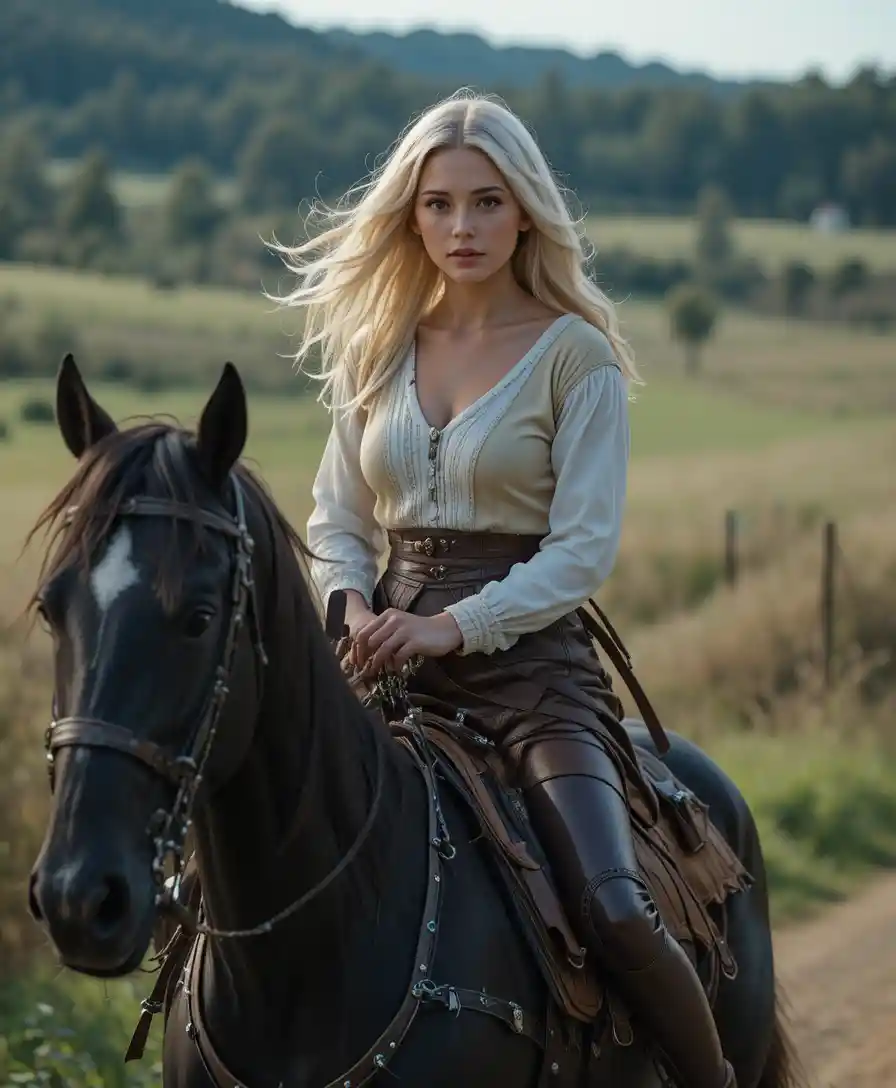 Young rider on black stallion along a medieval road