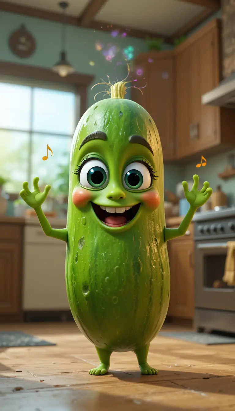 Cute dancing cucumber character in a bright kitchen