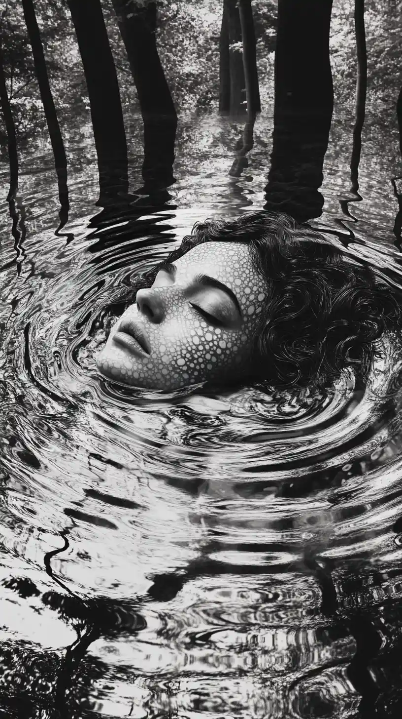 Forest nymph rising from a rippling monochrome pool