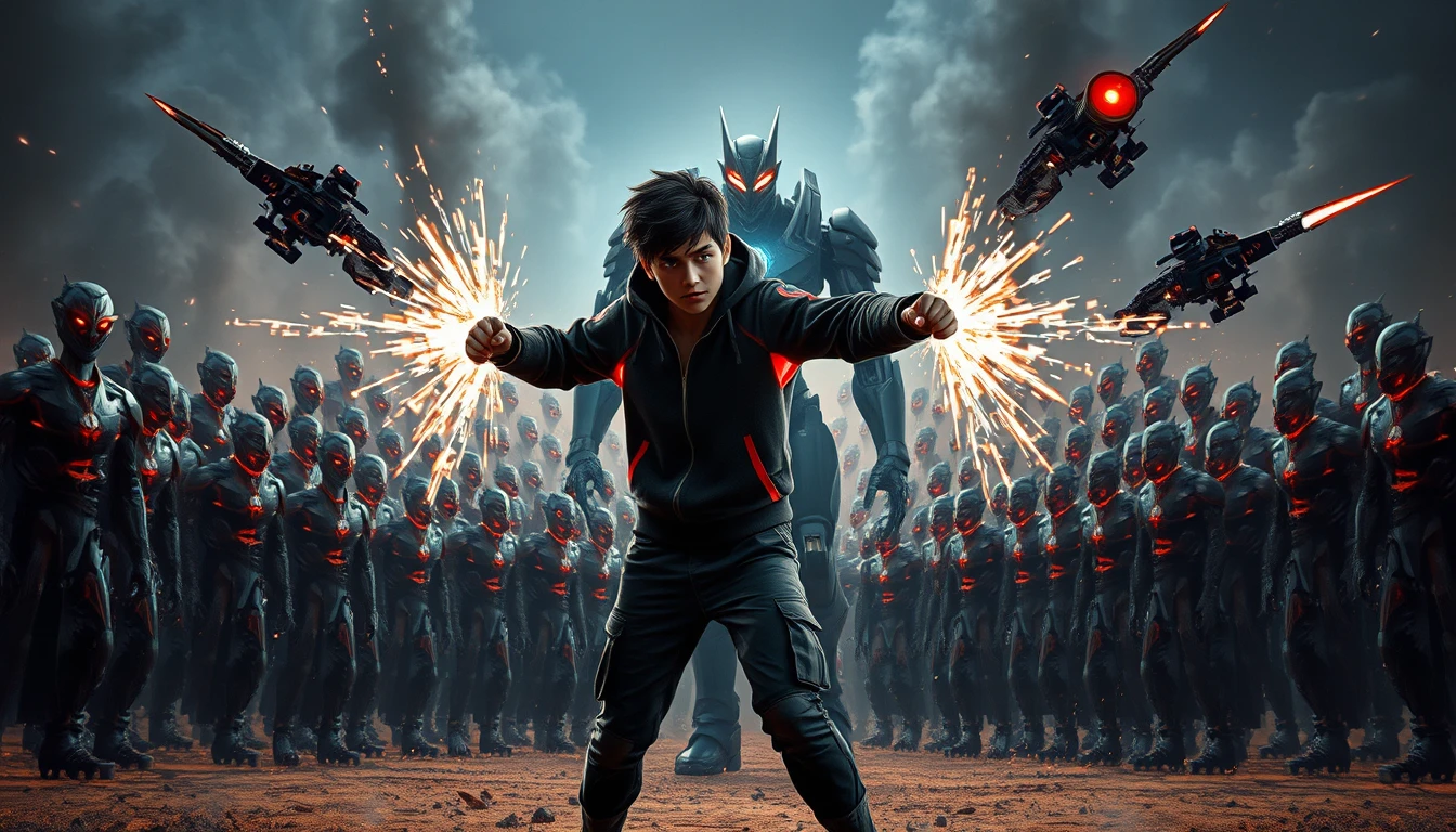 Teen fighter punching robots on a smoky sci fi battlefield