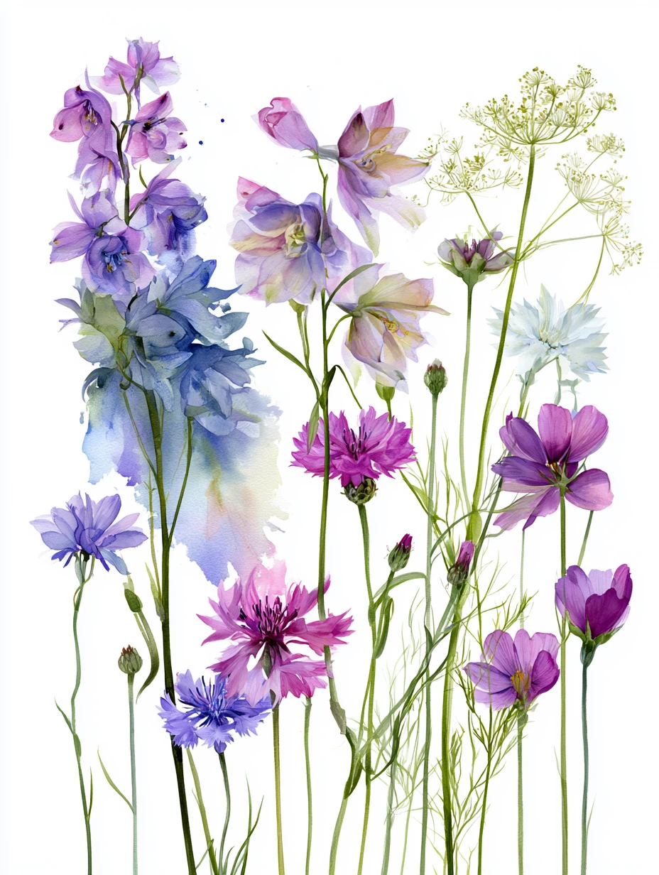 Delicate watercolor wildflowers in a soft white meadow scene