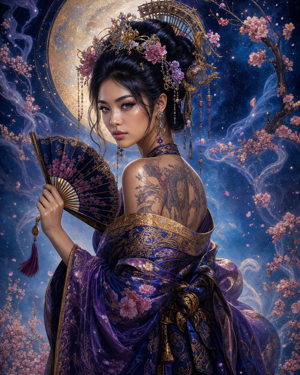 Portrait de geisha asiatique en lumière romantique douce façon aérographe