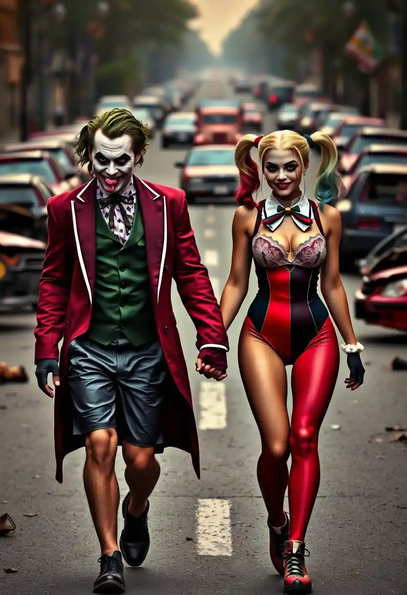 Colorful couple walking hand in hand through chaotic street