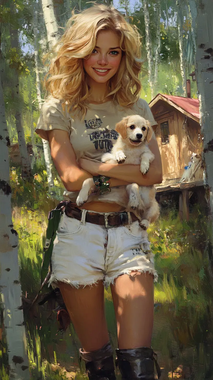 Smiling girl holding a small dog in a summer forest
