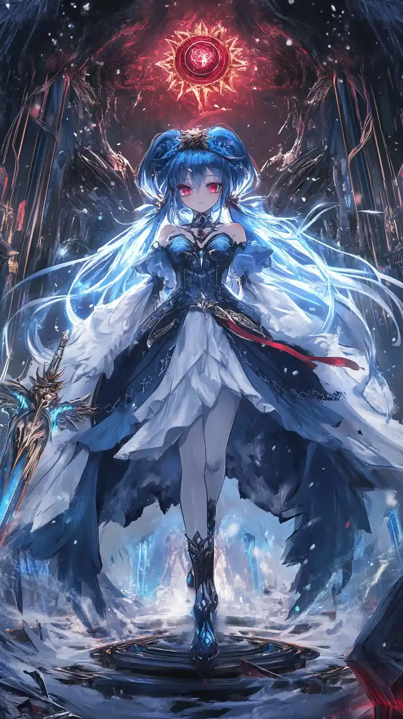 Blue haired fantasy girl wielding a dark ice sword