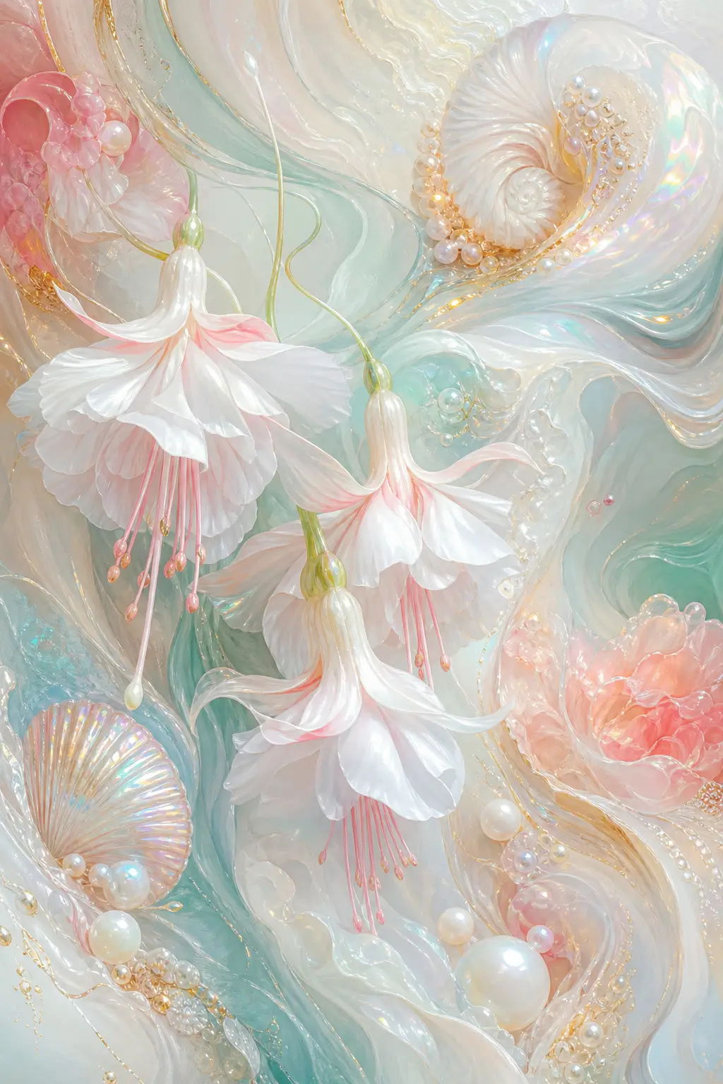 Abstract white fuchsia flowers with glowing flowing forms