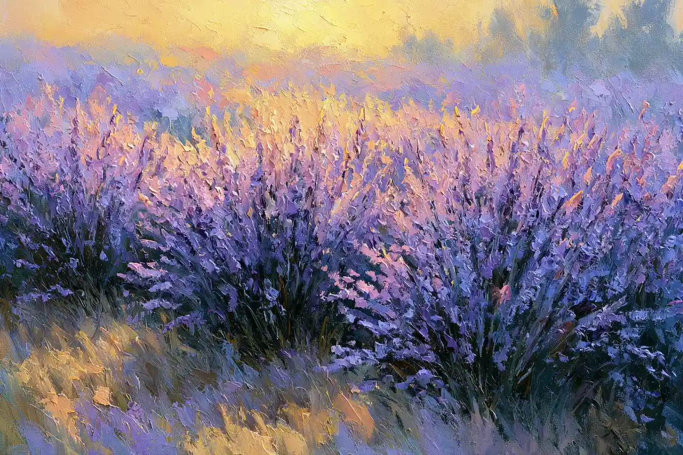Impressionist lavender field at golden hour with soft dappled light