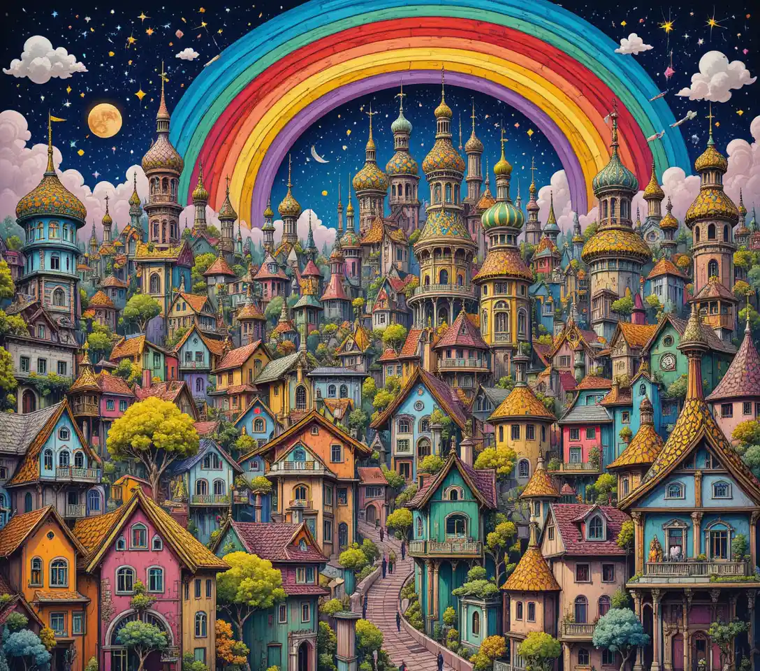 Surreal rainbow cityscape with twisting towers and rooftop trees