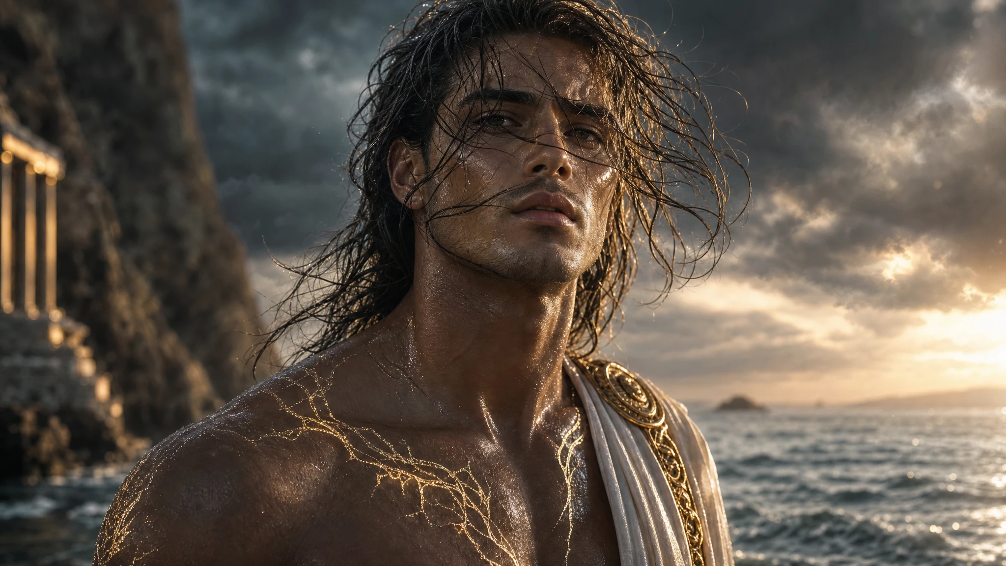 Close up portrait of a fierce man before a stormy sea