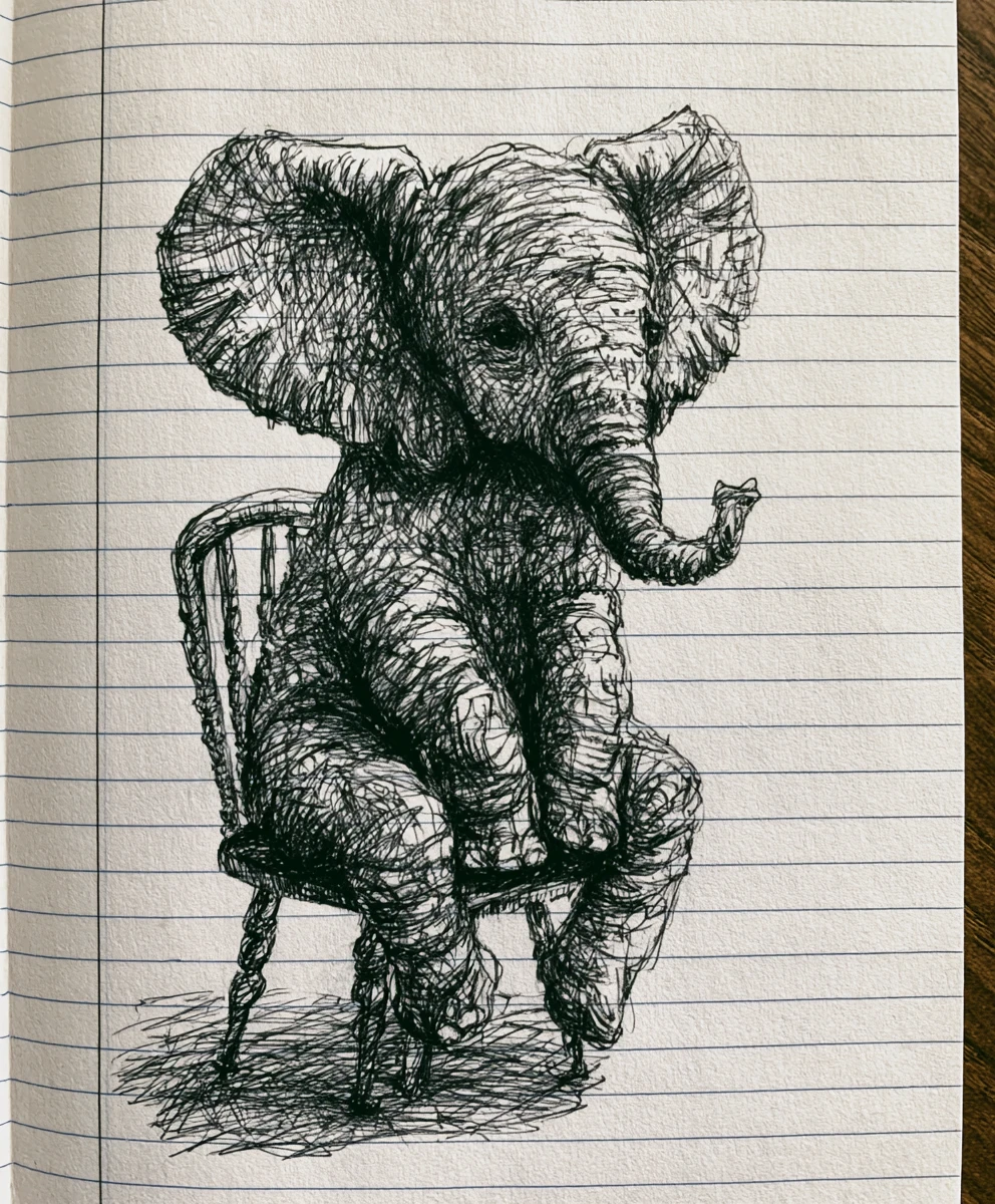 Cute ink drawing of a tiny elephant on notebook paper