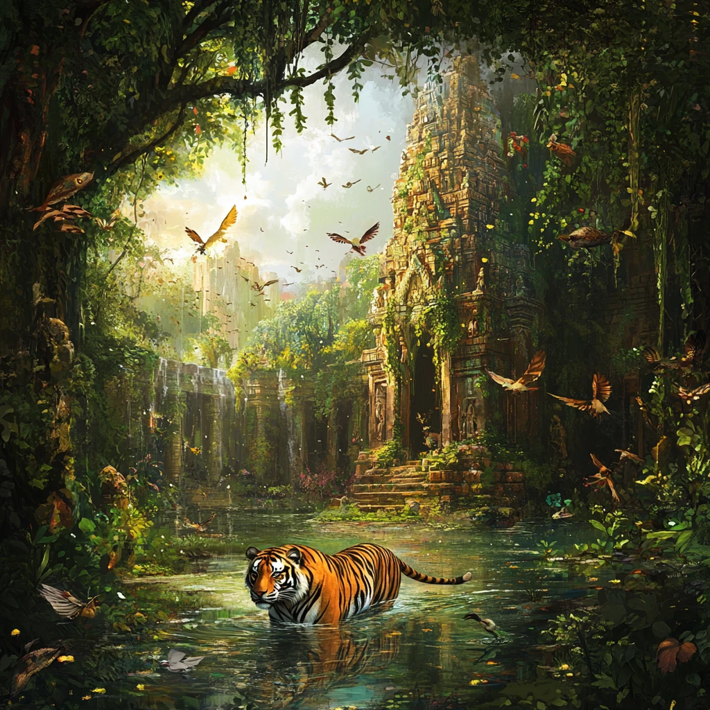 Majestic tiger in an ancient vine covered jungle metropolis