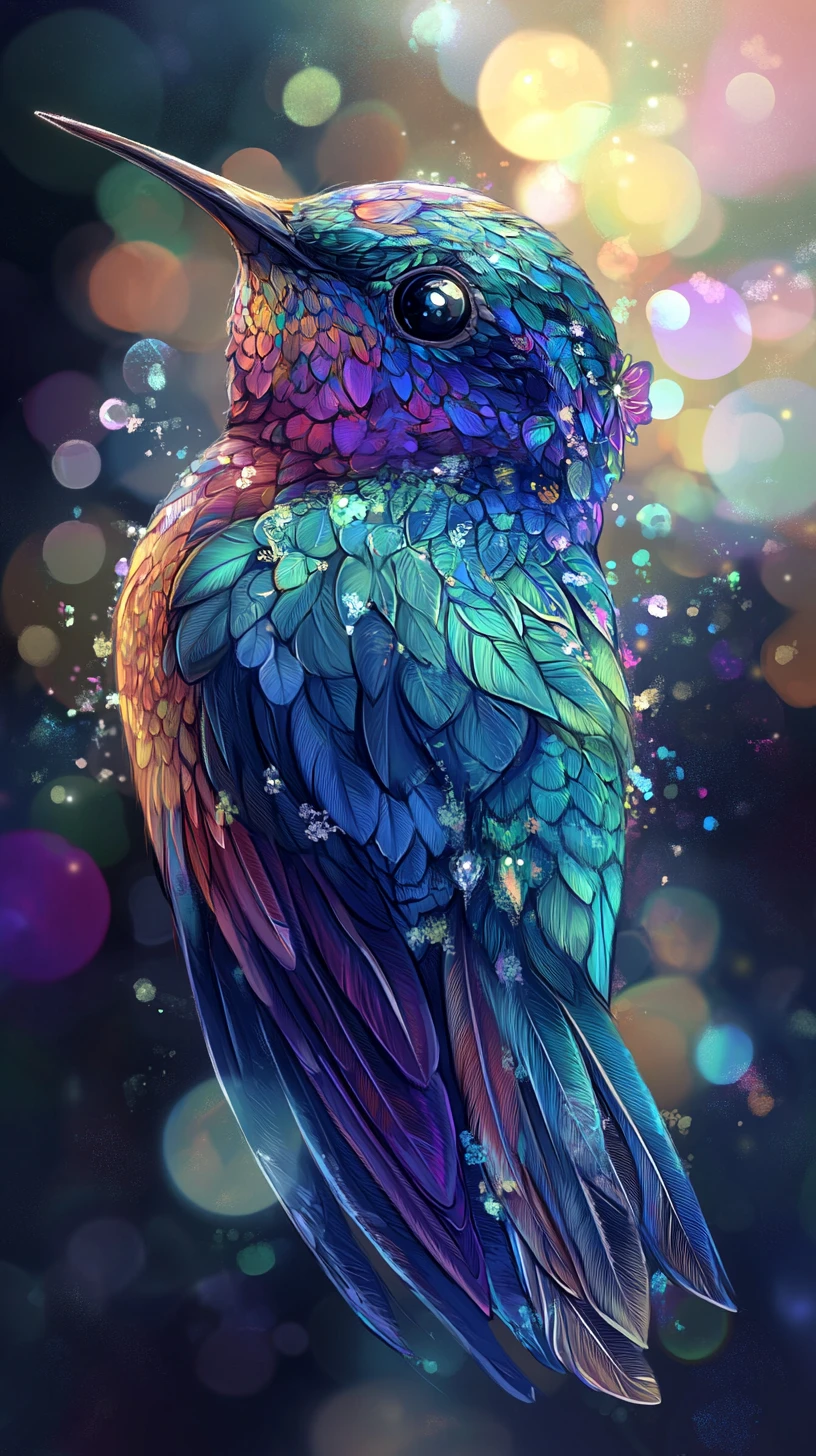 Whimsical fantasy hummingbird with jewel toned feathers