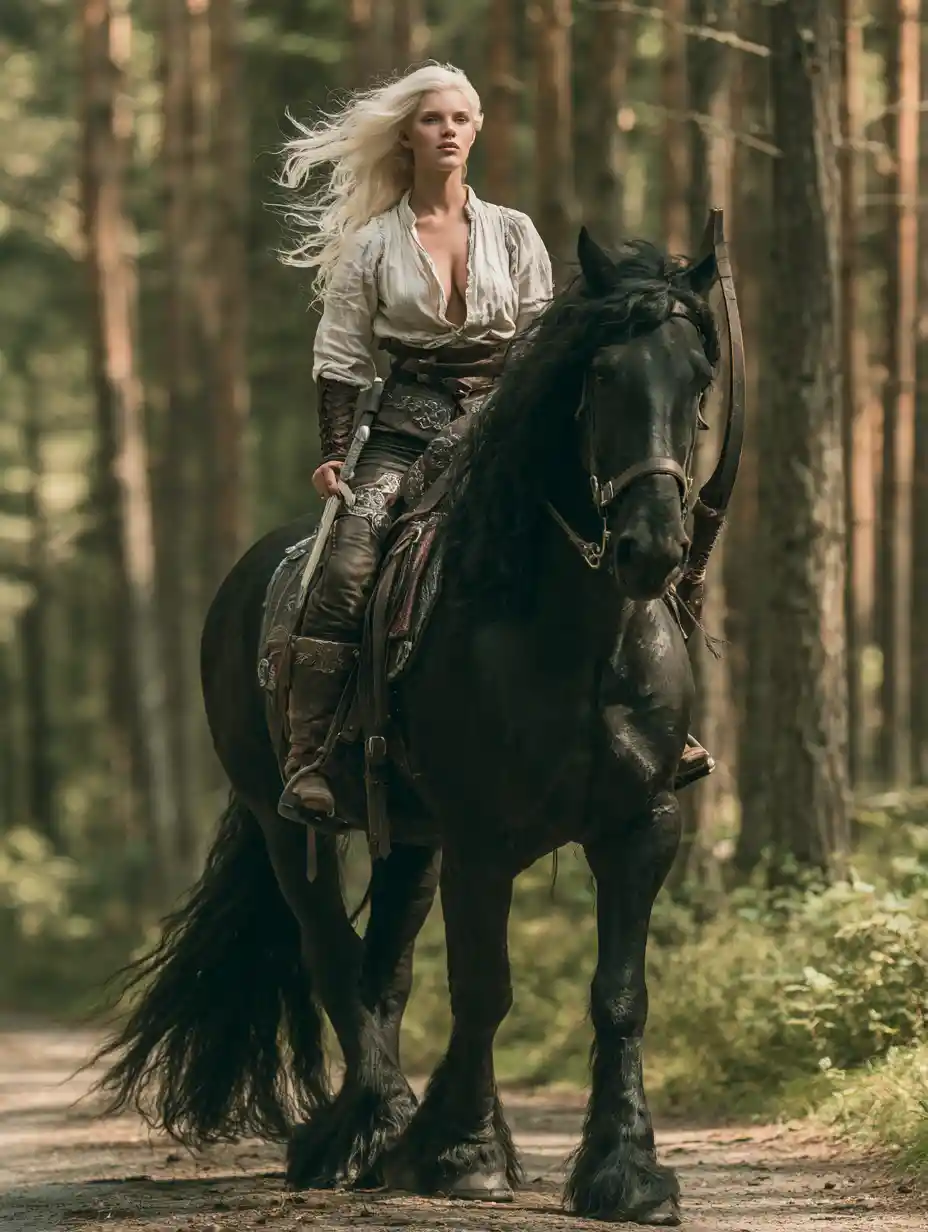 Young woman riding a black stallion on forest road