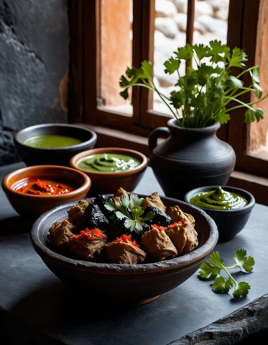 Canarian wrinkled potatoes with red and green mojo sauces