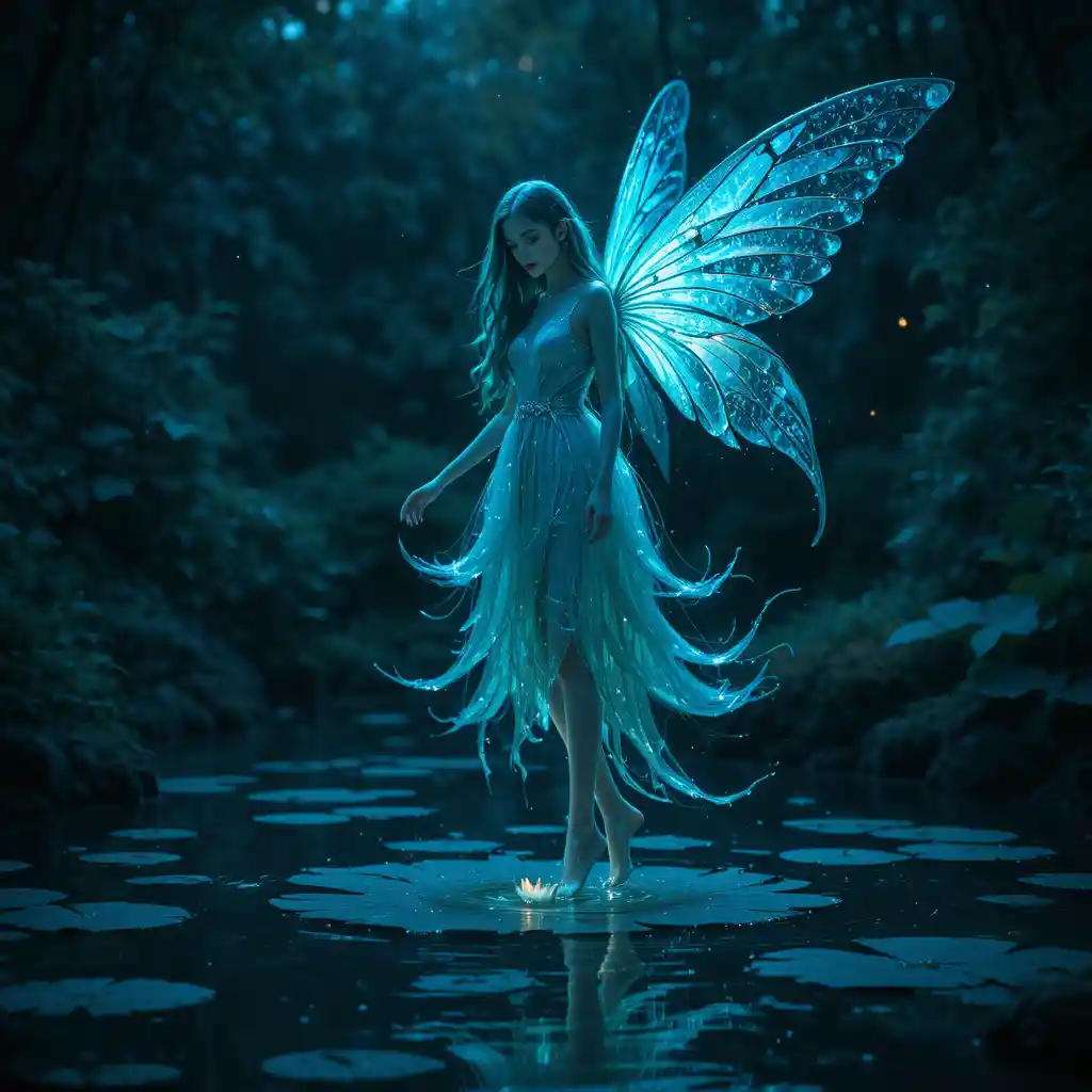 Mystical Water Fairy Above A Starlit Garden Pond