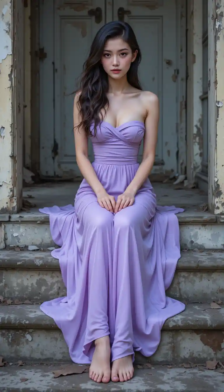 Young woman in lavender dress on abandoned house steps