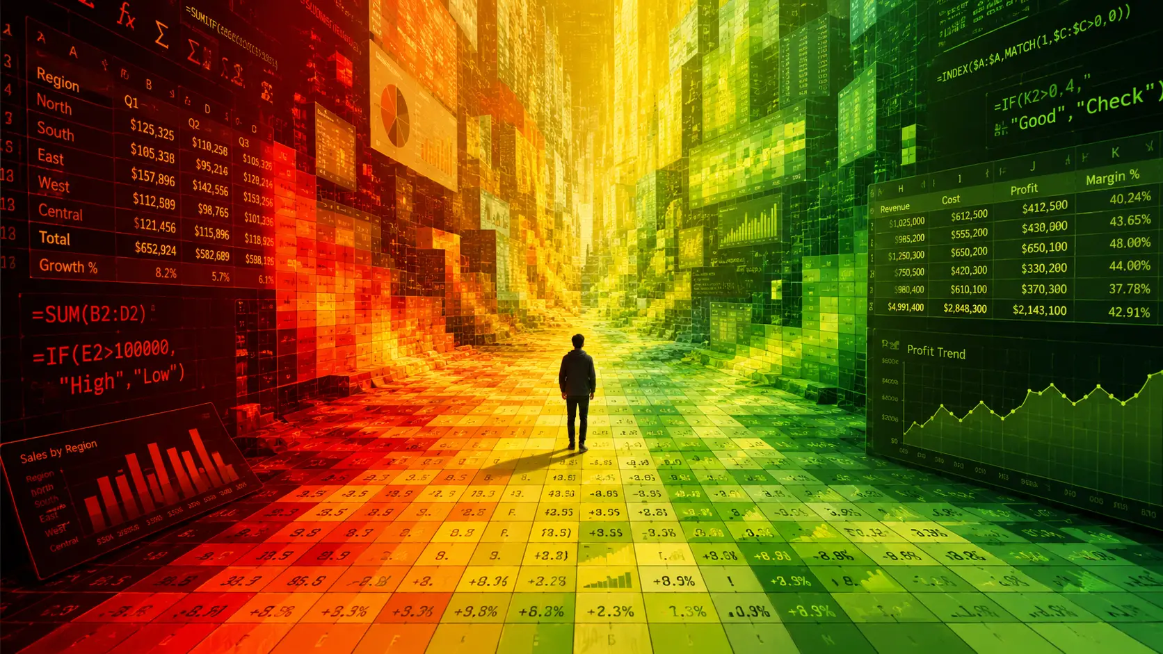 Man walking through glowing spreadsheet data landscape