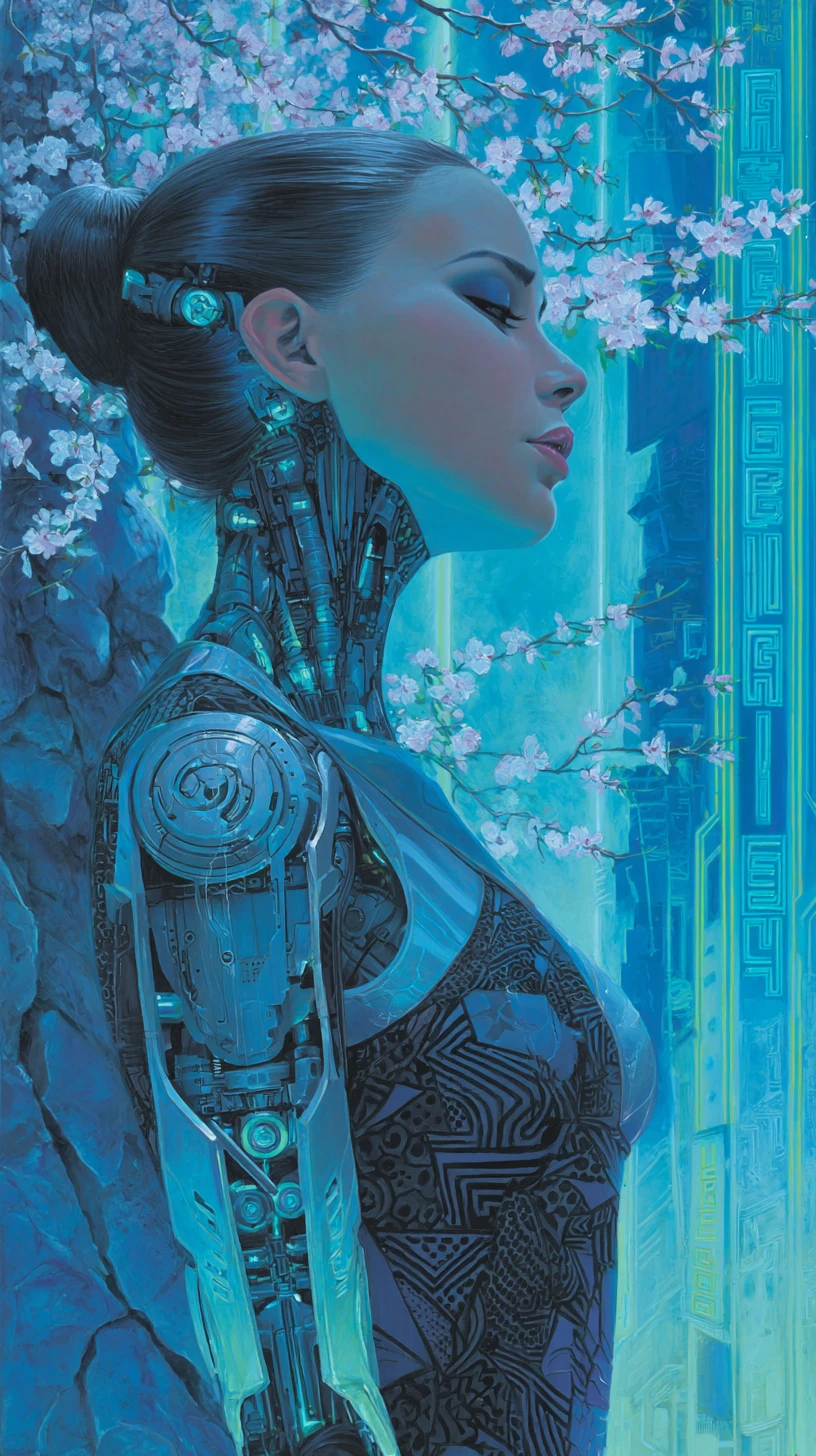 Robot femminile surreale in un paesaggio urbano futuristico al neon