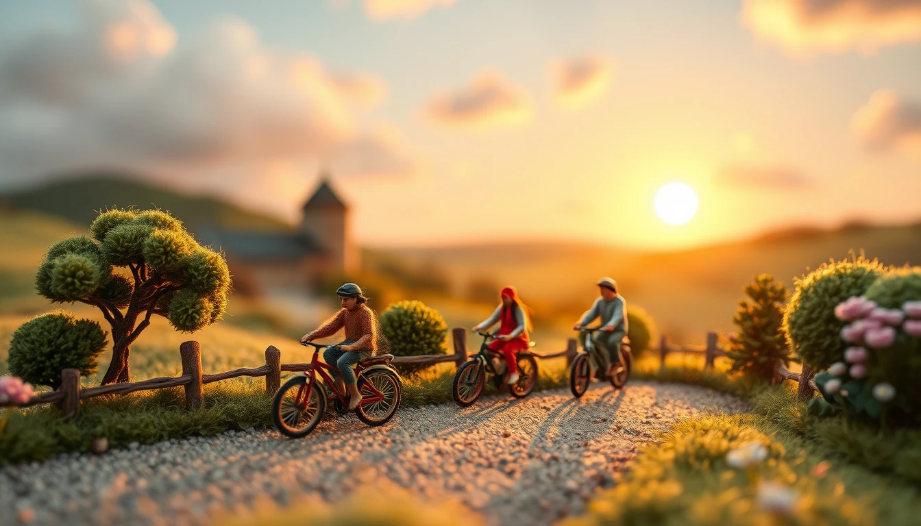 Needle felted cyclists touring a countryside in miniature scene