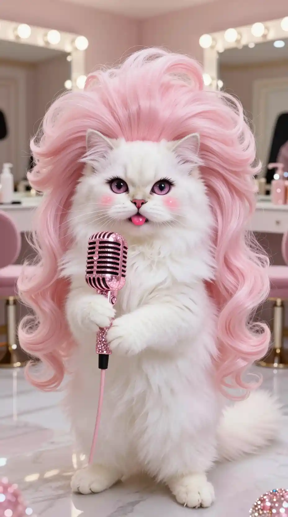 Glamorous white cat singing into a pink vintage microphone