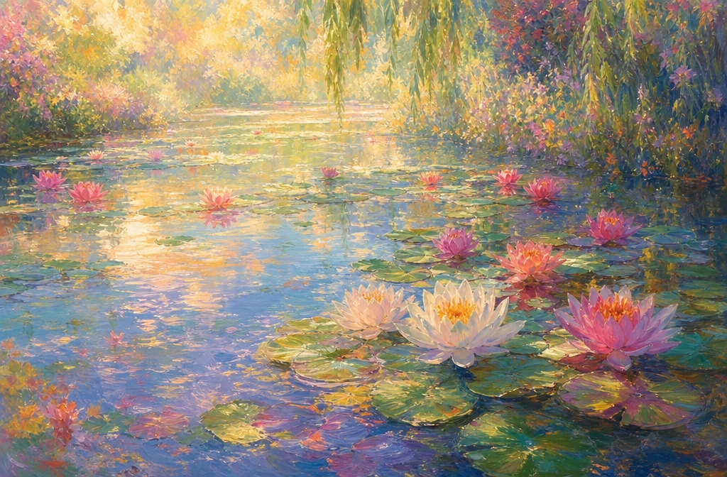 Impressionist water lily pond with soft dappled sunlight