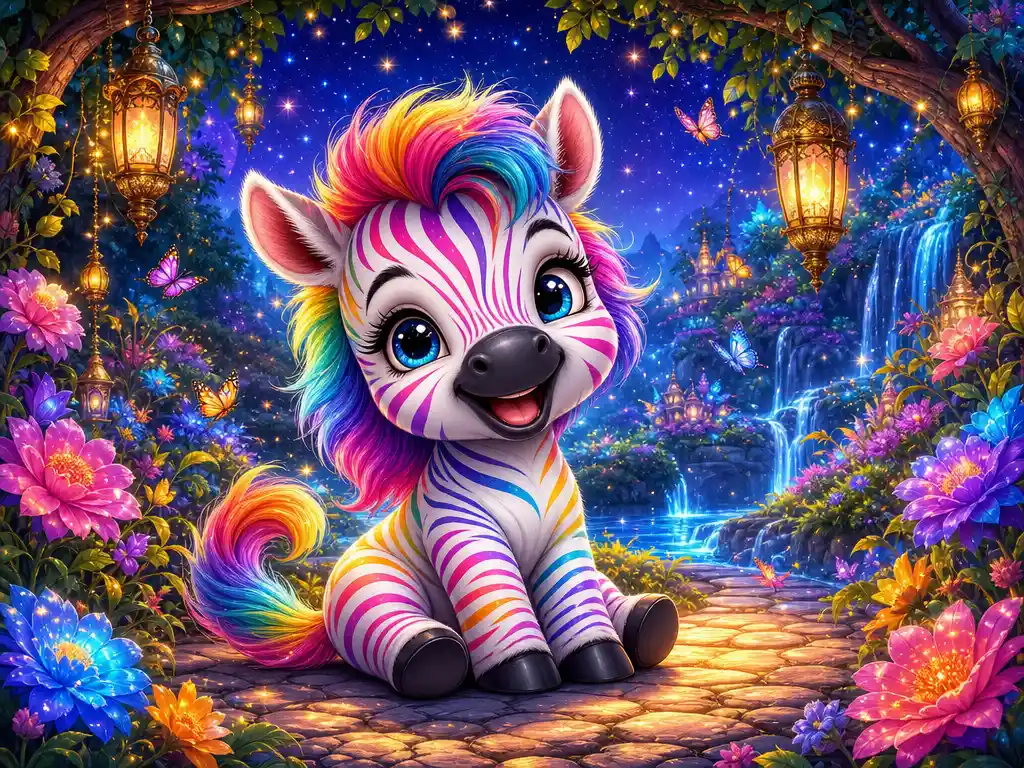 Cute baby zebra in a glowing enchanted night garden